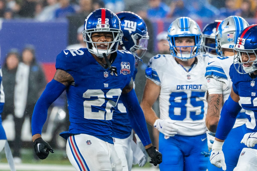 New York Giants cornerback Dru Phillips (22) celebrates during the first half against the Detroit Lions at MetLife Stadium Thursday, Aug. 8, 2024, in East Rutherford, NJ.