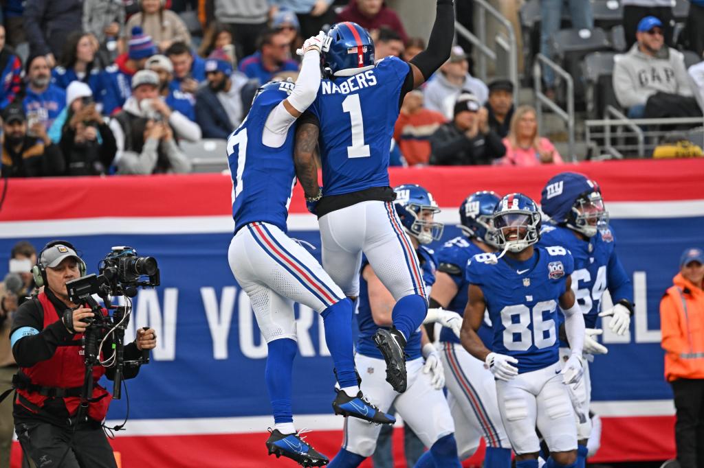Malik Nabers celebrates during the Giants' win against the Colts on Dec. 29.