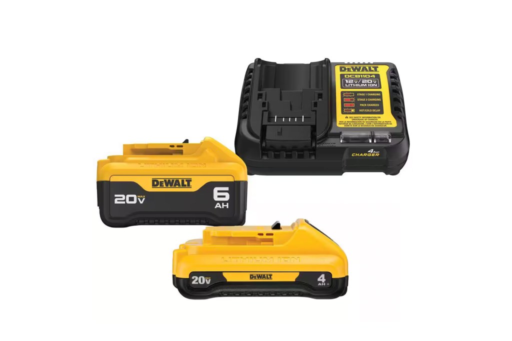 A group of black and yellow DeWalt batteries