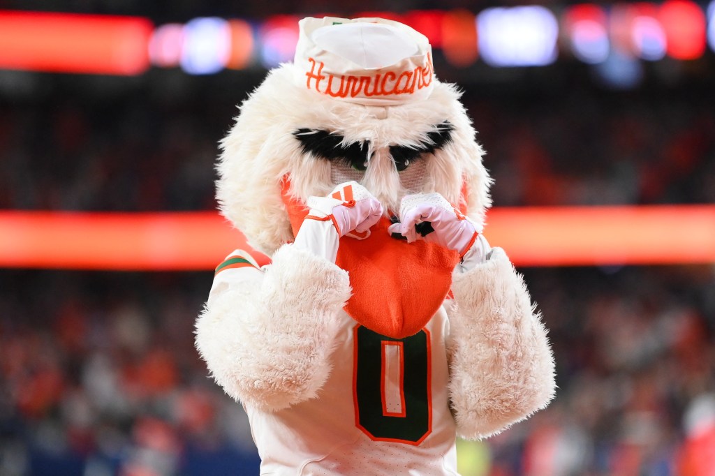Miami Hurricanes mascot Sebastian gestures to fans against the Syracuse Orange during the second half at the JMA. Wireless Dome on Nov. 30, 2024.