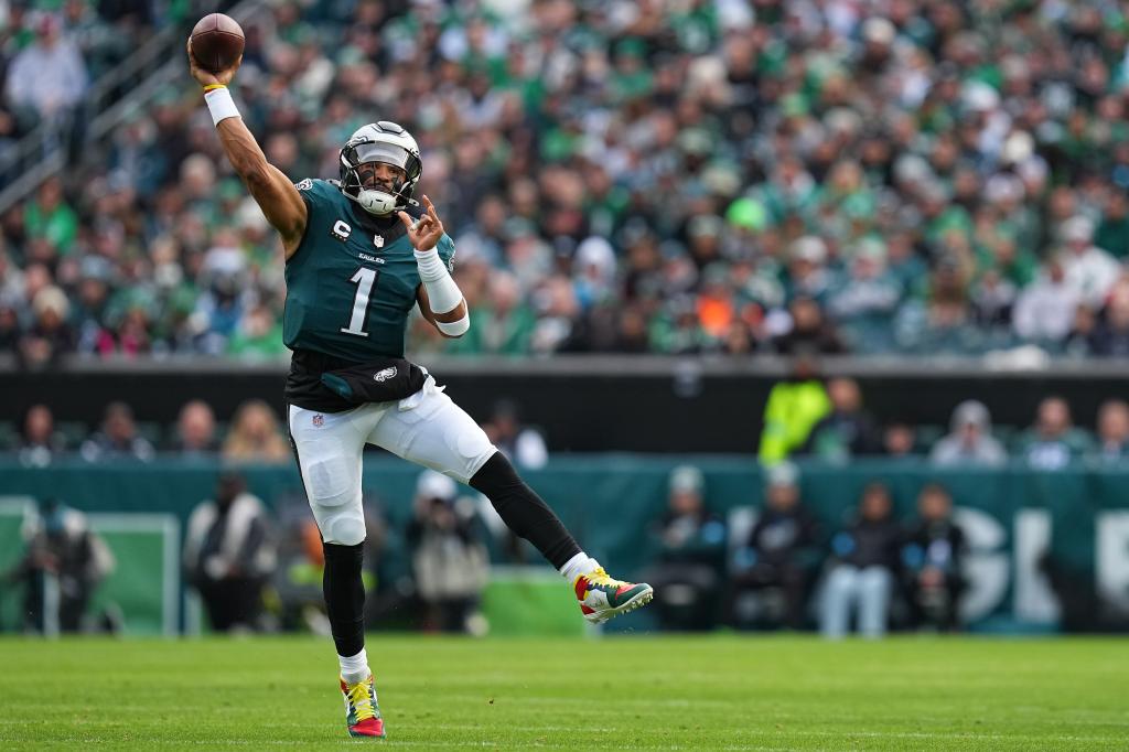 Quarterback Jalen Hurts passes the ball against the Panthers on Dec. 8, 2024.