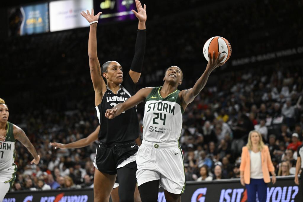 Jewell Loyd #24 of the Seattle Storm drives to the basket during the game against the Las Vegas Aces during Round one Game two of the 2024 WNBA Playoffs on September 24, 2024 at Michelob ULTRA Arena in Las Vegas, Nevada.