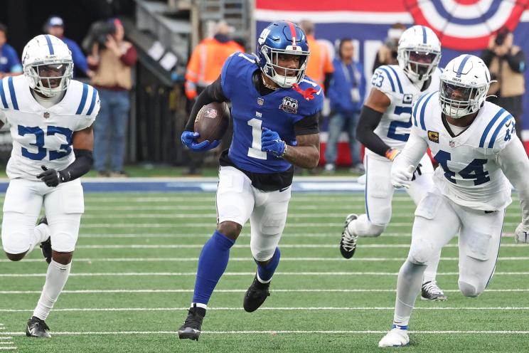 New York Giants wide receiver Malik Nabers (1) runs the ball on a punt return for a touchdown during the second half when the New York Giants defeated the Indianapolis Colts 45-33 Sunday, December 29, 2024 at MetLife Stadium in East Rutherford, NJ.