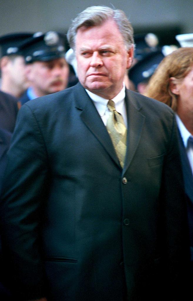 Fire Commissioner Thomas Von Essen reacting during the funeral for firefighter Captain Patrick Brown