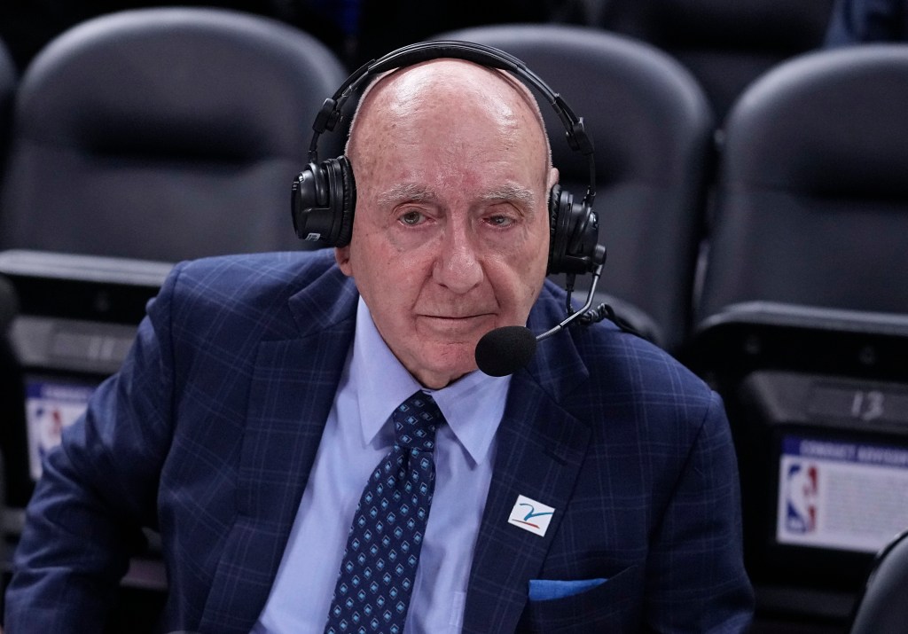 Dick Vitale prepares to announce an NCAA college basketball game between Michigan State and Kentucky, Nov. 15, 2022