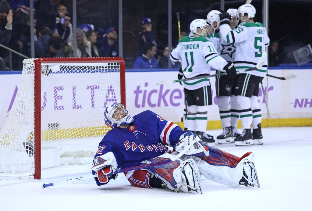 New York Rangers goaltender Jonathan Quick (32) sits on the ice after Quick allows the game winning goal by Dallas Stars left wing Jamie Benn
