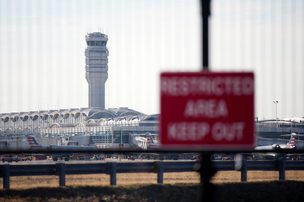 The control tower at the Reagan National Airport after the crash of an American Airlines plane on the Potomac River as it approached the airport on January 30, 2025 in Arlington, Virginia.