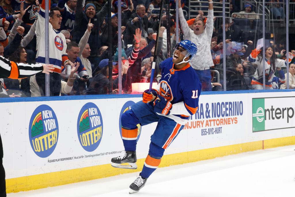 Anthony Duclair #11 of the New York Islanders reacts after he scores a goal pass Ivan Fedotov #82 of the Philadelphia Flyers during the first period at UBS Arena, Friday, Jan. 24, 2025, in Elmomt, NY. 