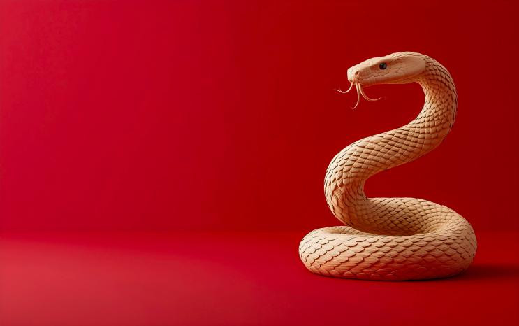 Wooden snake symbolizing Chinese zodiac year of the Snake on a vibrant red background