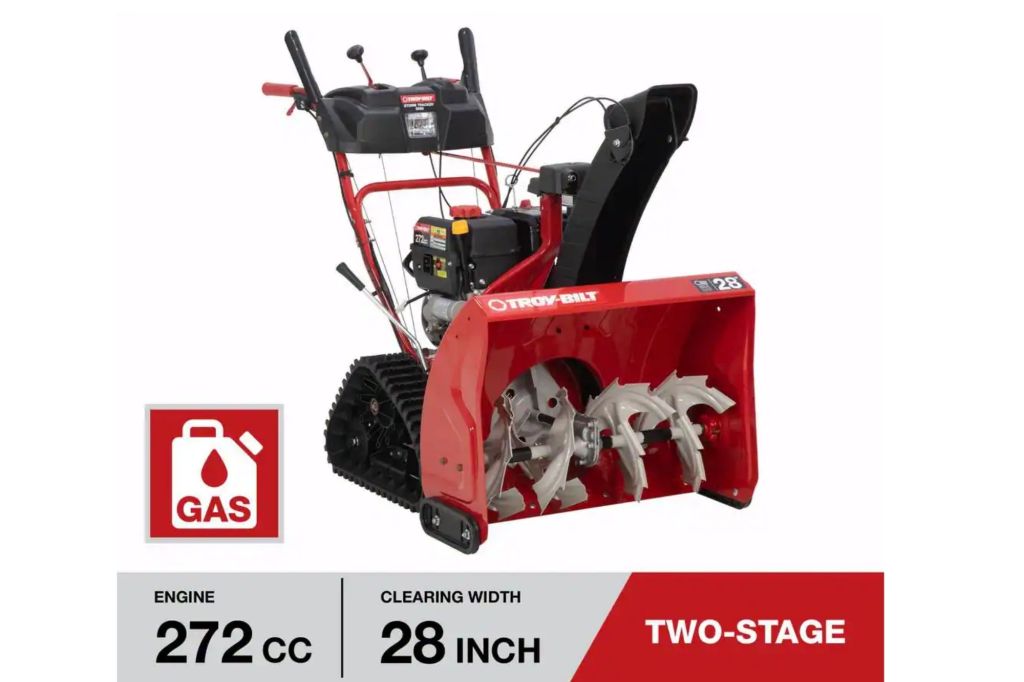 A large snow blower and details about it in the text below the image.