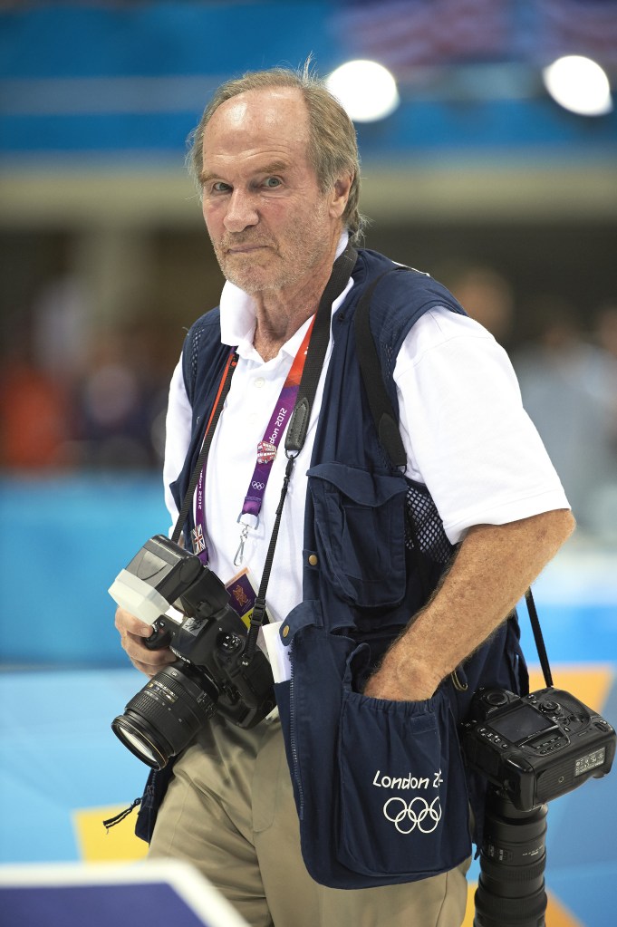Sports Illustrated photographer Heinz Kluetmeier during Men's 4x100M Medley Relay Final at Aquatics Centre.
London