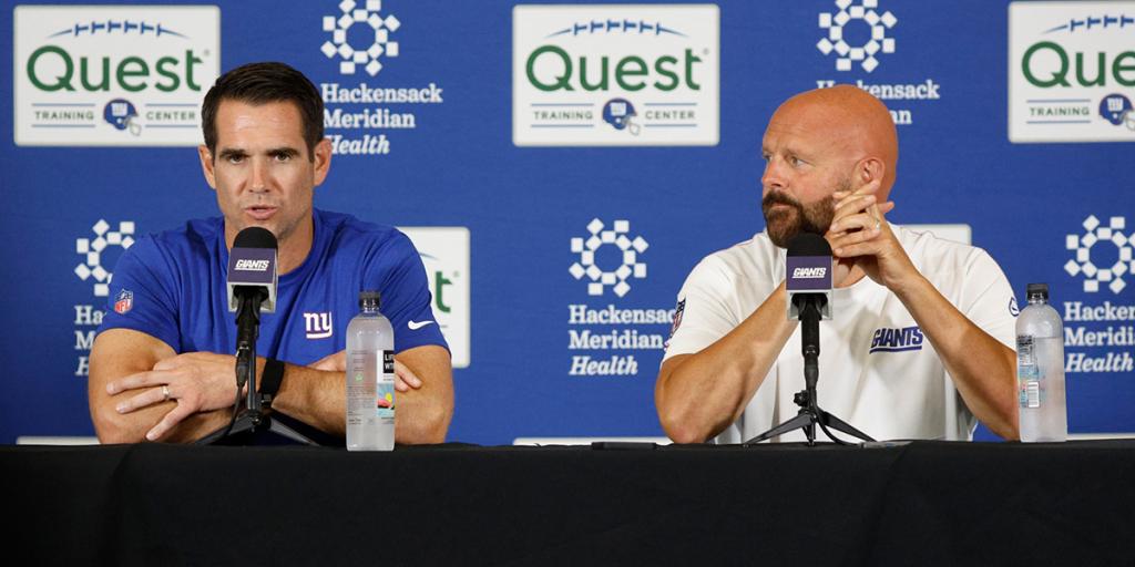 Giants GM Joe Schoen and head coach Brian Daboll speaking to the media after practice at the New York Giants training facility in East Rutherford, New Jersey.