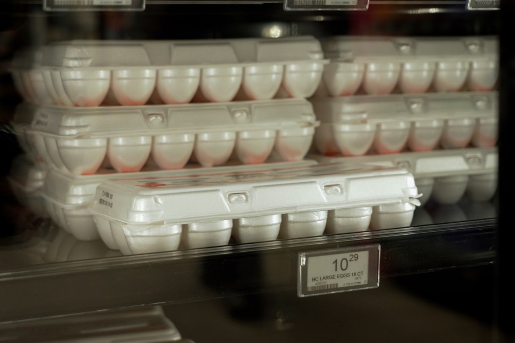 Eggs on a supermarket shelf at Sentyrz Liquor & Supermarket in Minneapolis on January 27, 2025