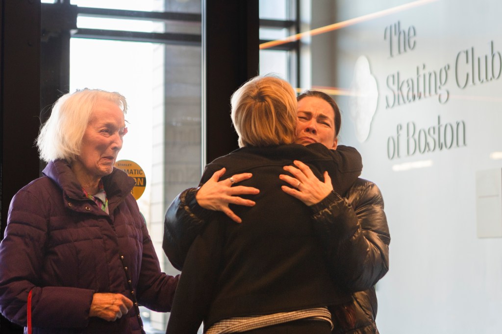 Dr. Tenley Albright and Nancy Kerrigan, Olympians, getting emotional while being welcomed by Skating Club of Boston staff