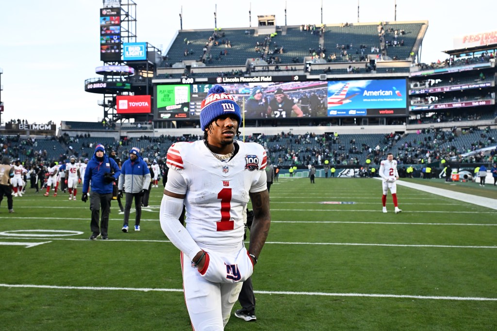 Malik Nabers walks off the field after the Giants-Eagles game on Jan. 5, 2024. 