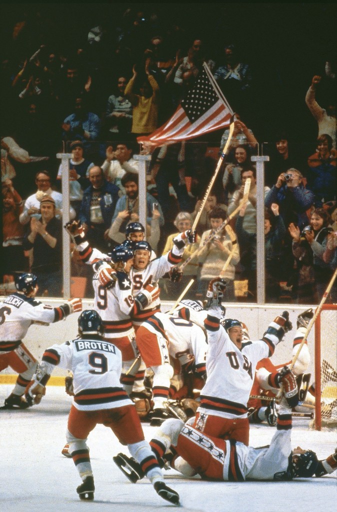 Heinz Kluetmeier's photo of Team USA celebrating their 4-3 victory over the Soviet Union in the semifinal men's hockey semifinals at the Winter Olympic Games in Lake Placid, New York on February 22, 1980. 