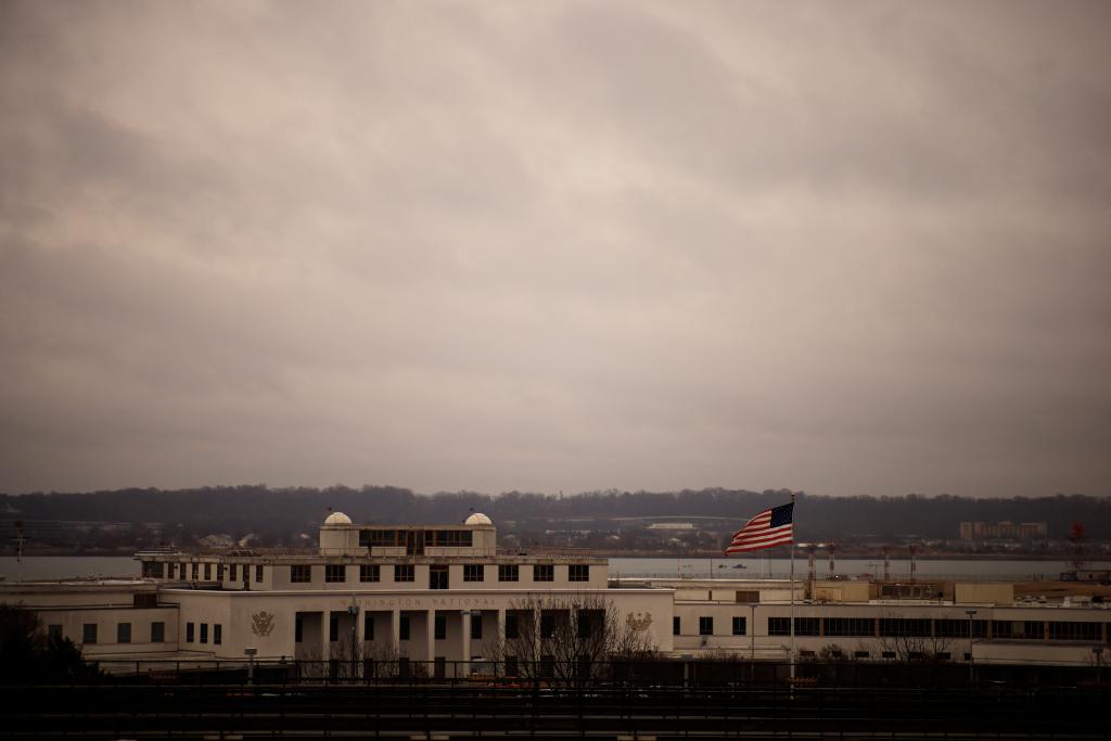A view of the Ronald Reagan Washington National Airport, as search and rescue teams work nearby, in the aftermath of the collision of American Eagle flight 5342 and a Black Hawk helicopter that crashed into the Potomac River, in Arlington, Virginia, U.S., January 31, 2025.