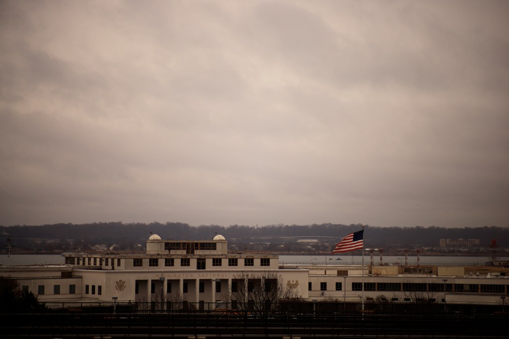 A view of the Ronald Reagan Washington National Airport, as search and rescue teams work nearby, in the aftermath of the collision of American Eagle flight 5342 and a Black Hawk helicopter that crashed into the Potomac River, in Arlington, Virginia, U.S., January 31, 2025.