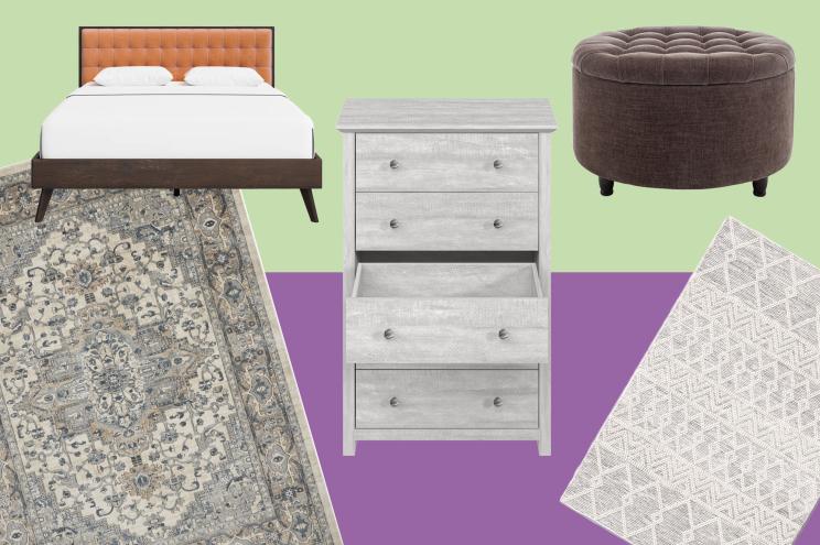 A collage of various furniture pieces and rugs