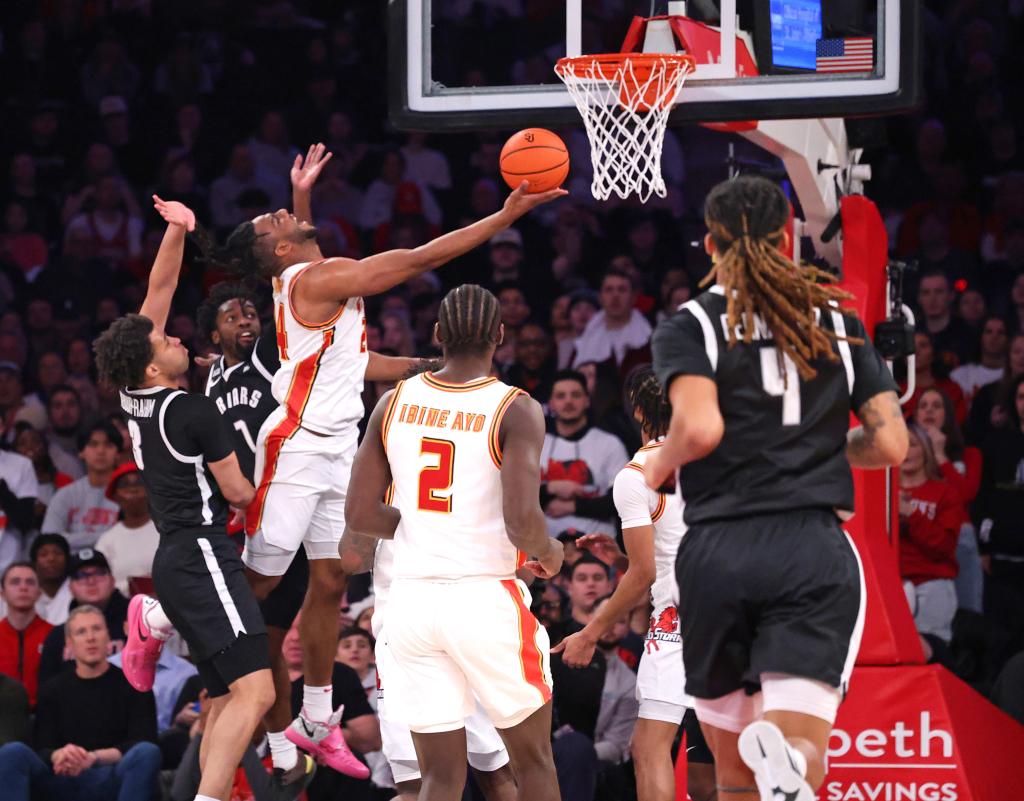 Zuby Ejiofor #24 of the St. John's Red Storm goes up for a shot during the first half when the St. John's Red Storm played the Providence Friars Saturday, February 1, 2025 at Madison Square Garden in Manhattan, NY.