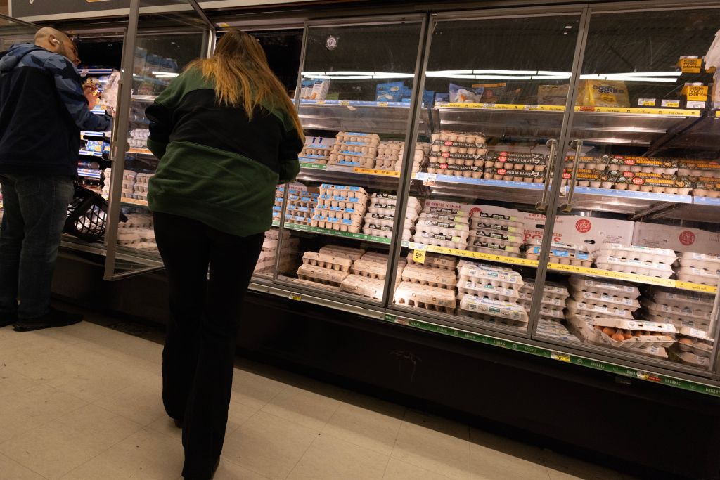 Woman shopping for cartoned eggs in a grocery store in Alameda, California, amidst rising inflation and egg prices due to bird flu outbreak in 2024
