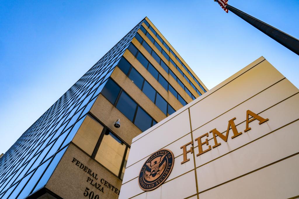The Federal Emergency Management Agency Headquarters building in Washington, DC, with an American flag in the background, captured on October 8, 2024.