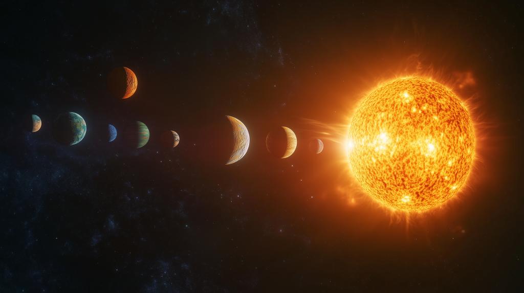 A parade of planets around the sun in dark space
