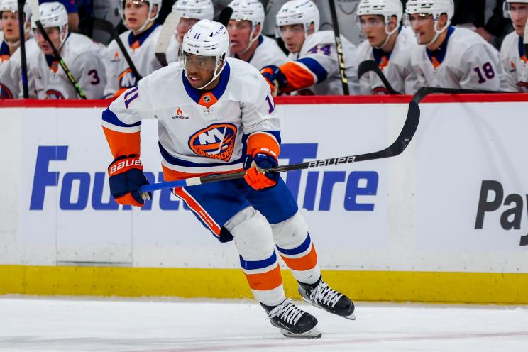 Anthony Duclair #11 of the New York Islanders skates during first period action against the Winnipeg Jets at Canada Life Centre on February 07, 2025 in Winnipeg, Manitoba, Canada.