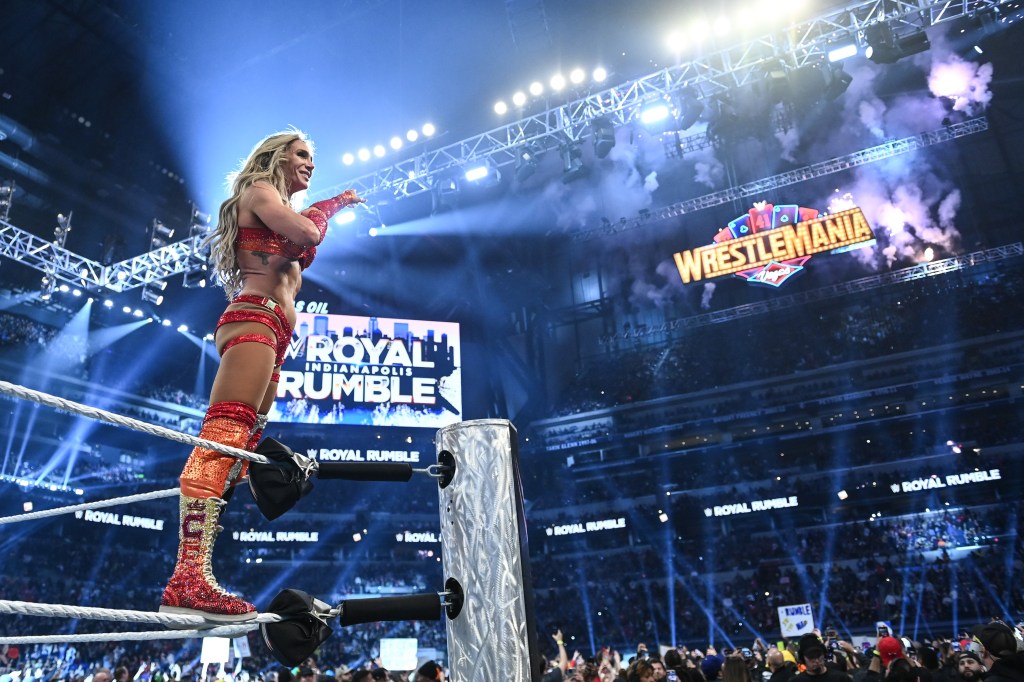 Charlotte Flair celebrates her win at the Royal Fumble on Feb. 1, 2025.