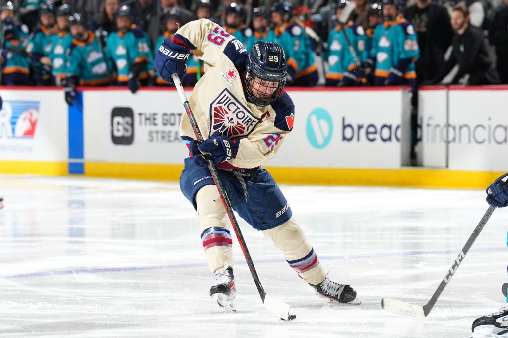 Marie-Philip Poulin #29 of Montréal Victoire skates during the second period of the PWHL game against the New York Sirens on February 2.