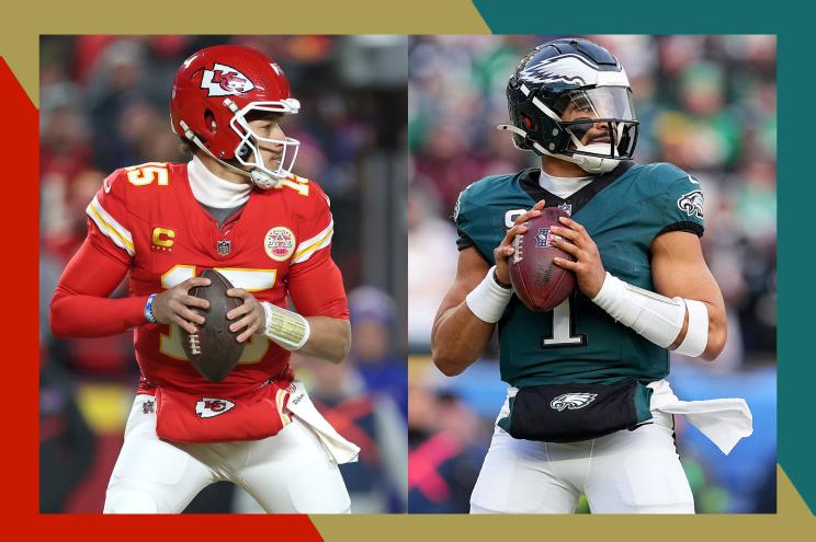Kansas City Chiefs quarterback Patrick Mahomes (L) and Philadelphia Eagles signal caller Jalen Hurts drop back to throw passes.