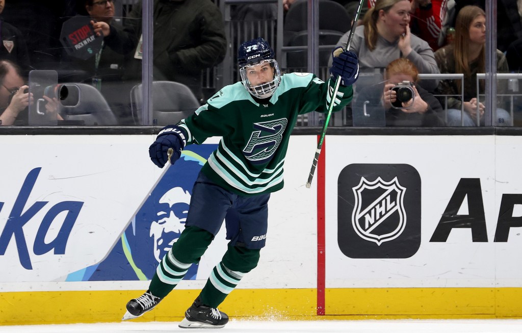 Susanna Tapani, celebrating after a goal she scored earlier in the season for Boston, also scored in the Siren's 4-0 loss to the Fleet.