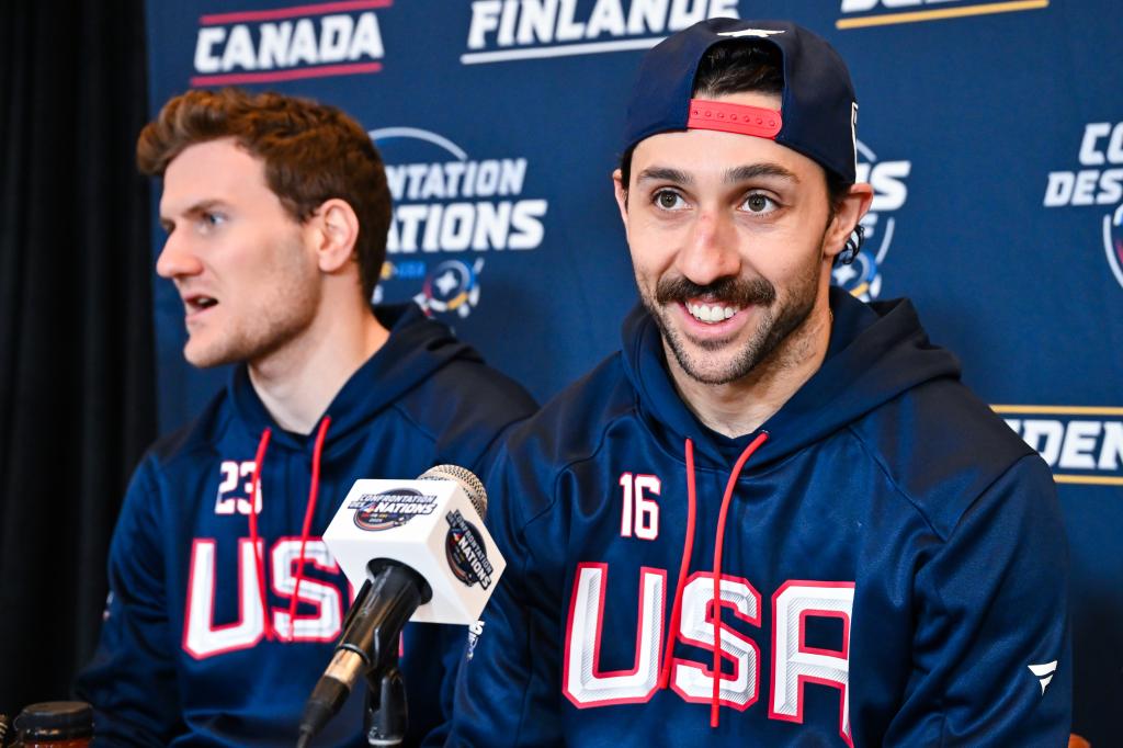 Vincent Trocheck (right) and Adam Fox talk to the media on Feb. 11, 2025 ahead of the 4 Nations event.