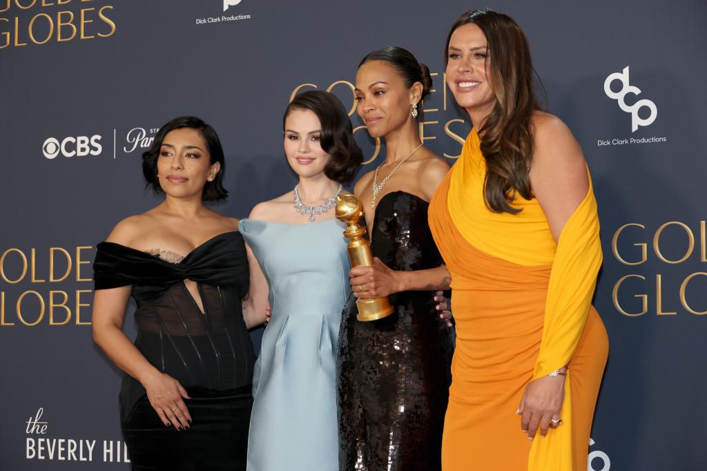 Adriana Paz, Selena Gomez, Zoe Saldana and Karla Sofia Gascon at the 2025 Golden Globe Awards