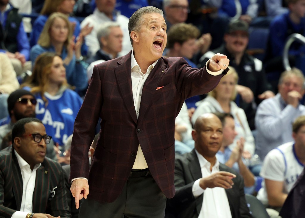Arkansas head coach John Calipari directs his team during the first half of an NCAA college basketball game against Kentucky in Lexington, Ky., Saturday, Feb. 1, 2025.