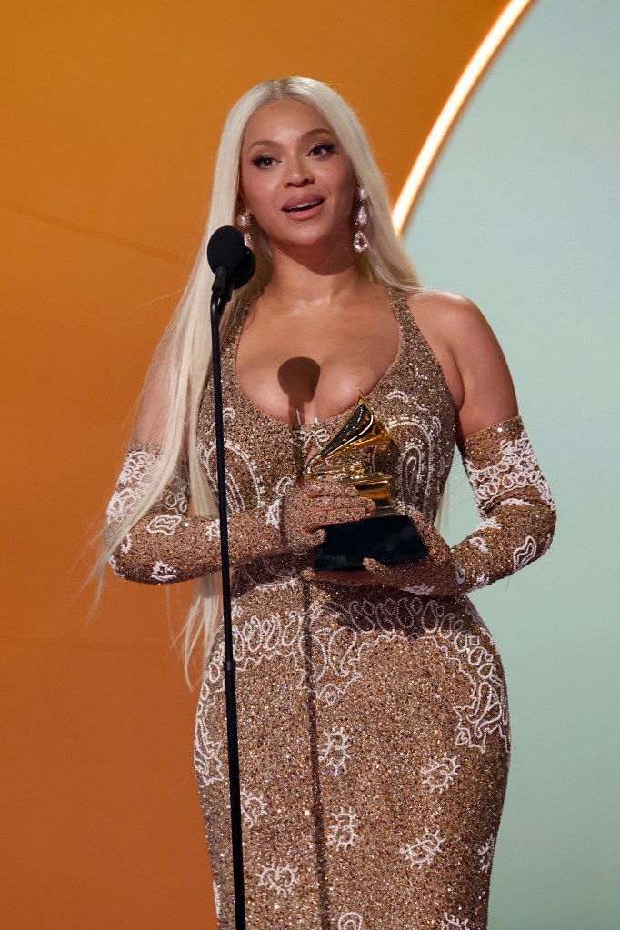 Beyoncé wins Best Country Album at the 2025 Grammys on Feb. 2. Here, Beyoncé accepting the award onstage.