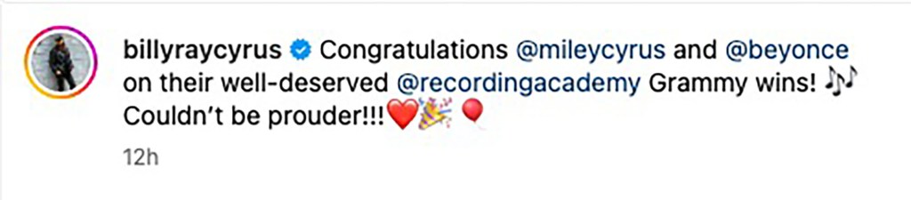 Billy Ray Cyrus congratulates Miley and Beyonce