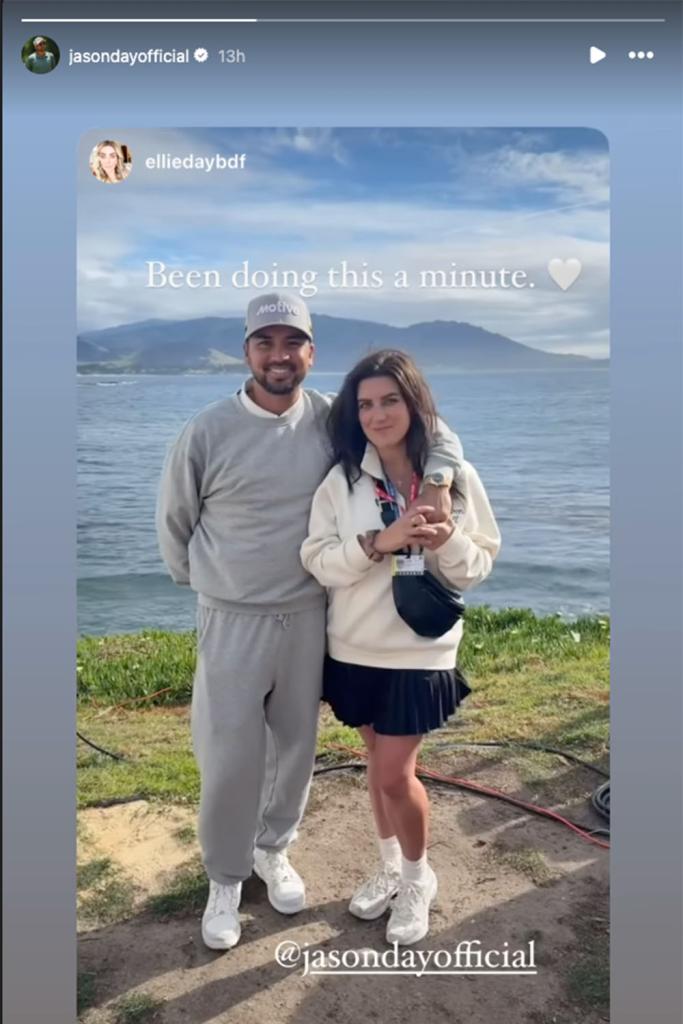 Jason Day of Australia and his wife at the AT&T Pebble Beach Pro-Am 2025 at Pebble Beach Golf Links on February 2, 2025 in Pebble Beach, California.  