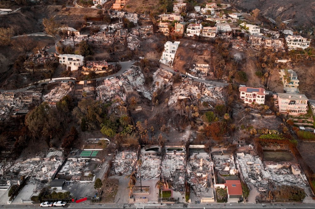 Destroyed homes and charred trees in a neighborhood after the Palisades Fire in Malibu, California, Jan. 15, 2025
