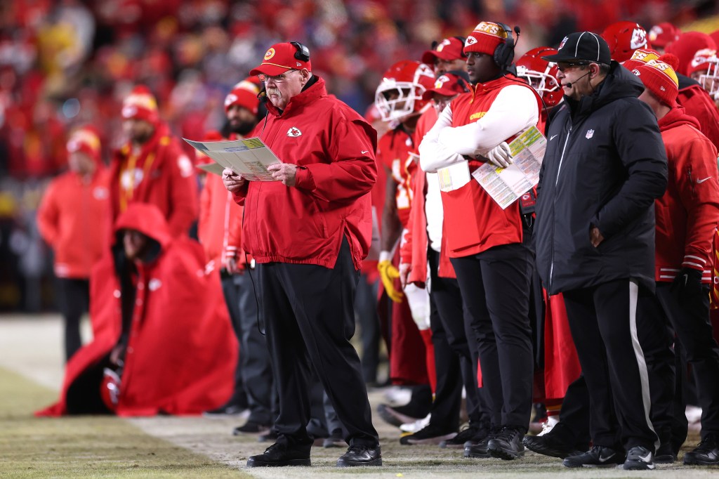 Head coach Andy Reid of the Kansas City Chiefs looks on during the second quarter against the Buffalo Bills in the AFC Championship Game
