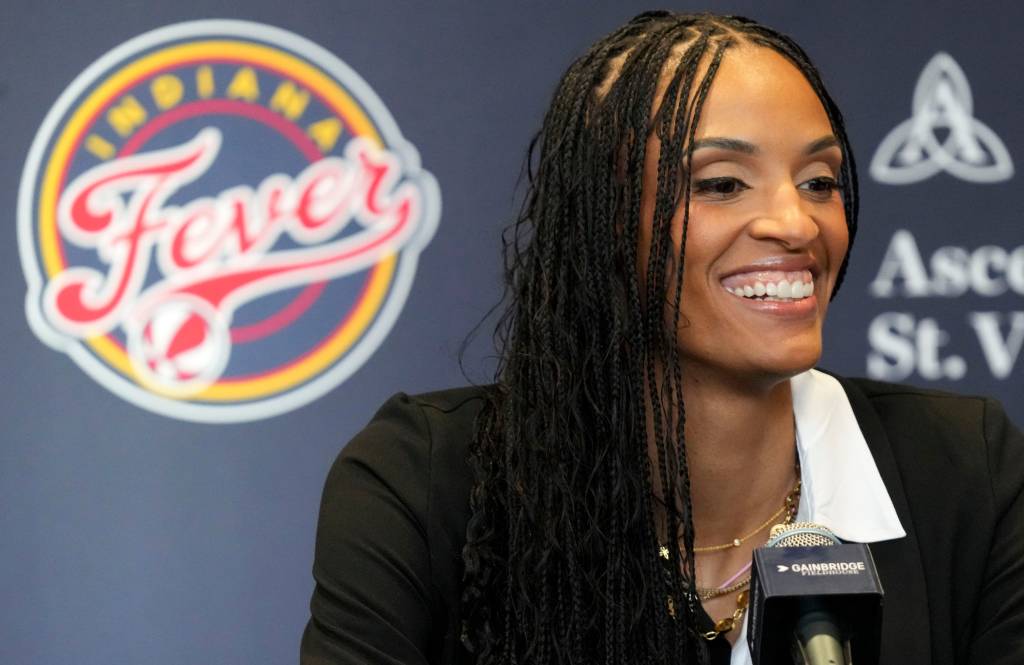Indiana Fever forward DeWanna Bonner speaks during an introductory press conference Monday, Feb. 10, 2025, at Gainbridge Fieldhouse in Indianapolis.