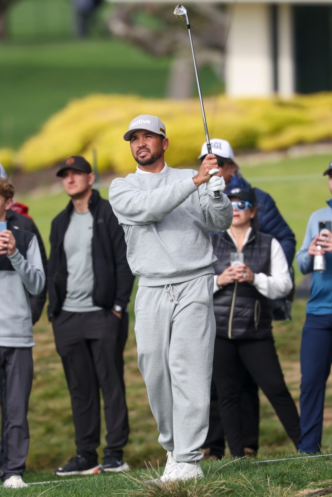 Jason Day hits his second shot on the fourth hole during the final round of the AT&T Pebble Beach Pro-Am golf tournament at Pebble Beach Golf Links on February 2, 2025. 