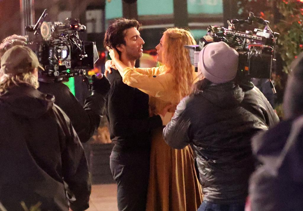 Justin Baldoni and Blake Lively on the set of "It Ends With Us" in Jersey City, New Jersey on Jan. 12, 2024.