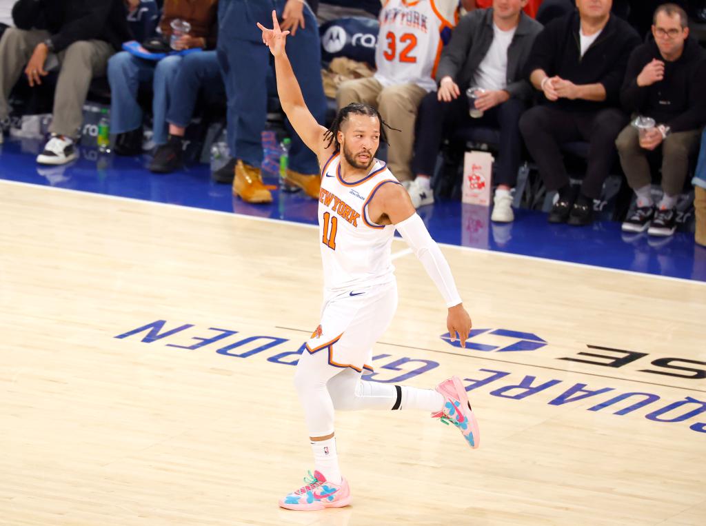 Jalen Brunson celebrates after hitting a 3-pointer during the first half of the Knicks' 149-148 overtime win over the Hawks on Feb. 12, 2025.