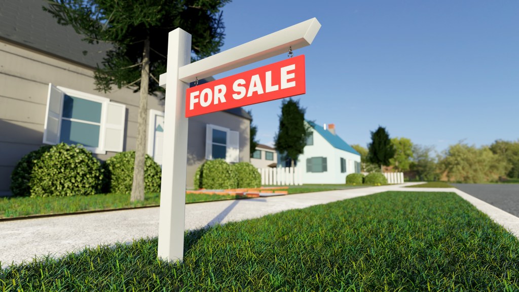 3D render of a real estate sign posted in front of a house for sale in a suburban neighborhood