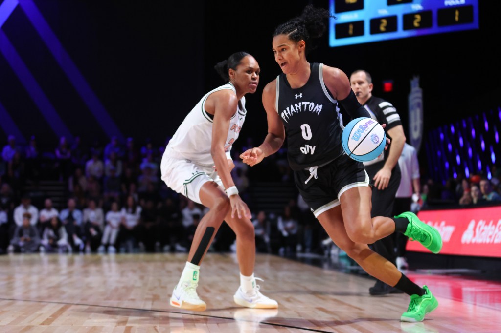 Satou Sabally #0 of Phantom dribbles the ball in Unrivaled league play.