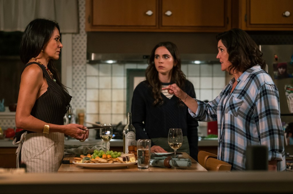 L-R: Simone Kessell as Lottie, Sarah Desjardins as Callie Sadecki and Melanie Lynskey as Shauna in Yellowjackets, episode 3, season 3,