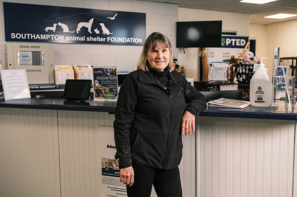 Susan Denis volunteering at Southampton Animal Shelter, applying Jin Shin Jyutsu healing techniques on rescue animals