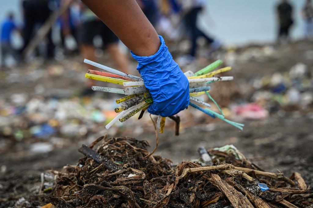 A volunteer holds discarded plastic waste including straws as she participates in International Coastal Cleanup Day along Baseco Beach in Manila on September 21, 2024. 