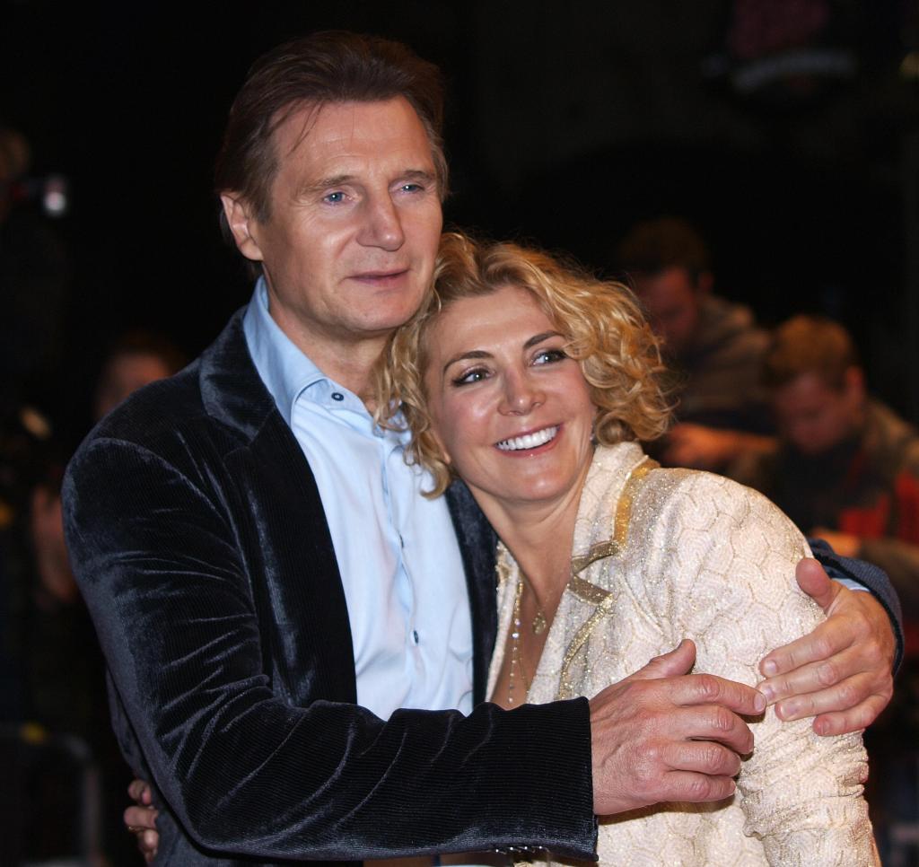 Liam Neeson hugging his late wife Natasha Richardson at The Other Man premiere in London, October 2008